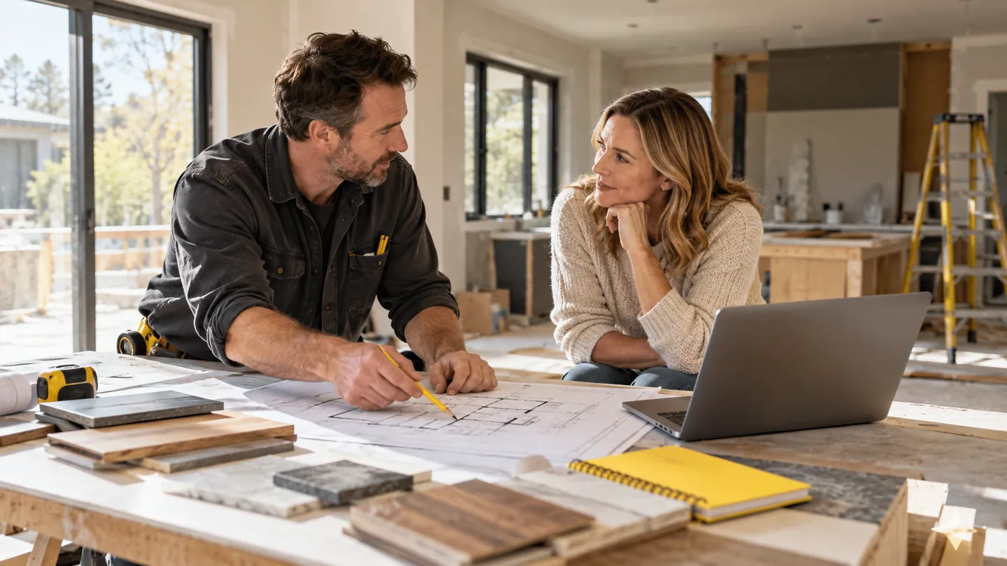 A renovation contractor and homeowner review plans and material samples beside a laptop.
