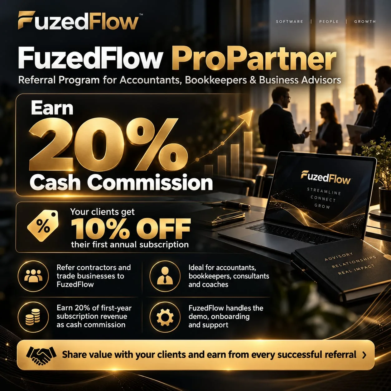 FuzedFlow ProPartner: earn 20% cash commission; your clients get 10% off their first annual subscription.
