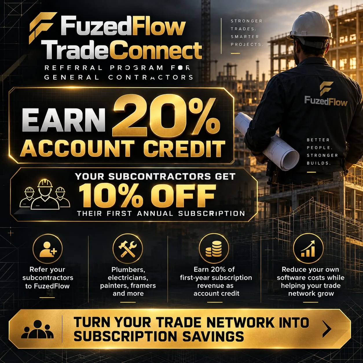 FuzedFlow TradeConnect: earn 20% account credit; your subcontractors get 10% off their first annual subscription.